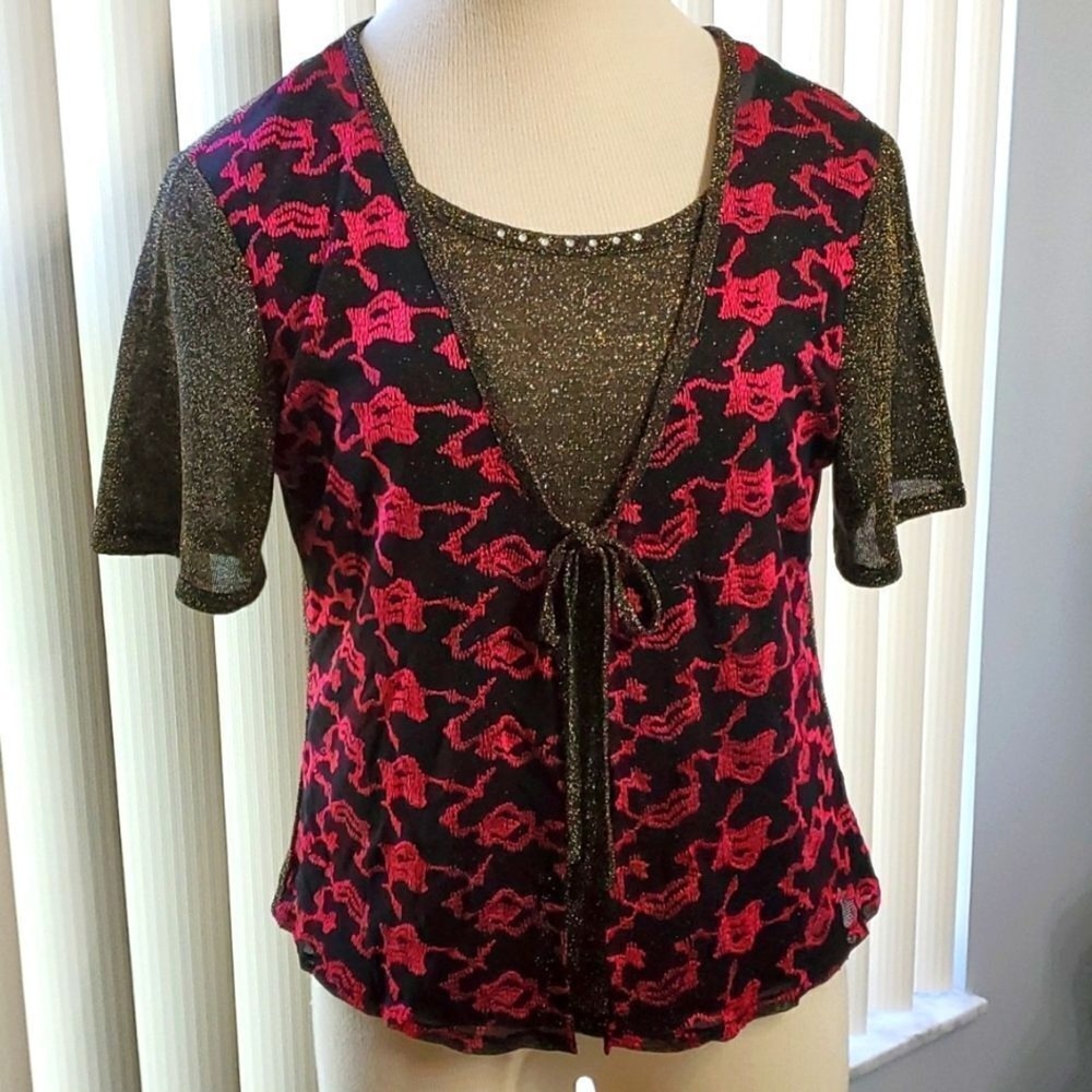 Huei Yih Metallic Lurex Layered Blouse Womens Size L Pink Gold Black Vintage Y2K